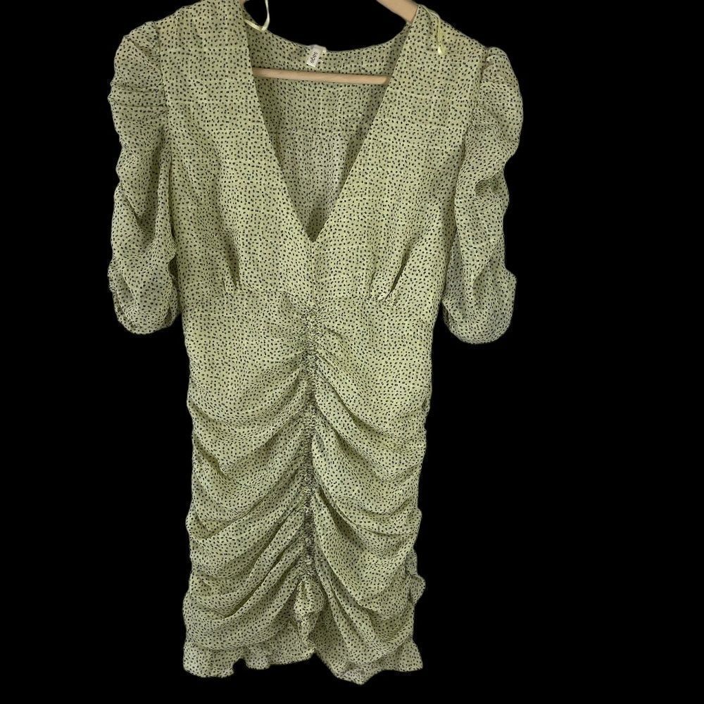 Sage The Label Pale Yellow Spotted Ruched Ruffled Hemline Dress Sz S